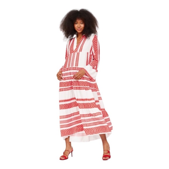 Silk And Salt Dress Aztec Print Boho Red White Midi Length Oversized Easy Fit - Picture 15 of 16
